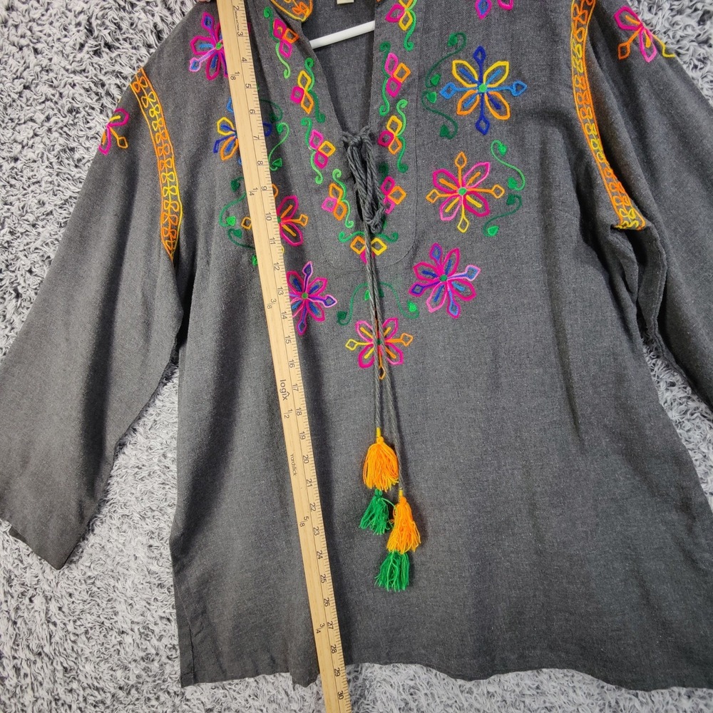 Ivy Jane Women Boho Cottagecore Tunic Top L Gray Embroidered Peasant Blouse - Picture 3 of 11